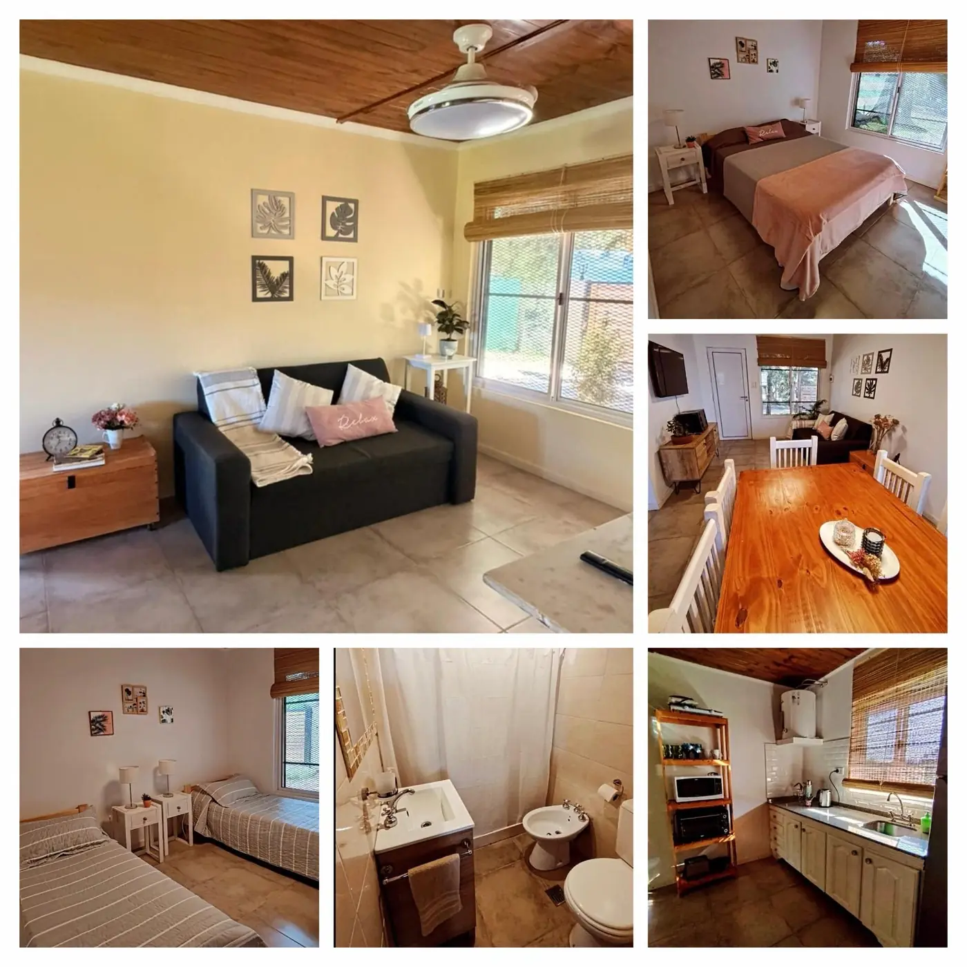 Ambientes de una de las casas: living, dormitorios, cocina y baño