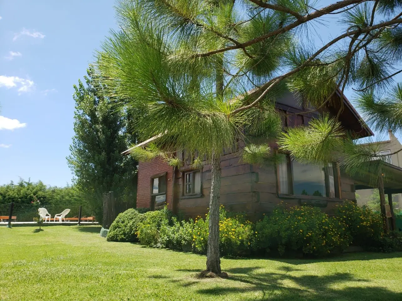 Cabaña entre pinos, con parque y reposeras