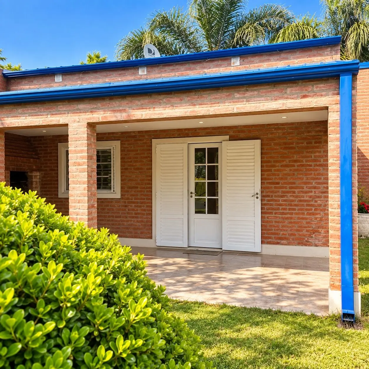 Galería de una cabaña con aberturas blancas