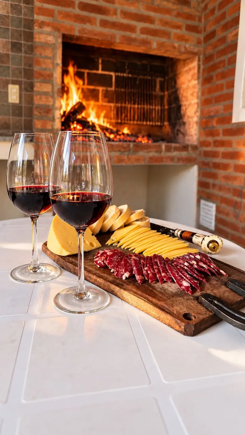 Parrilla encendida con picada y vino